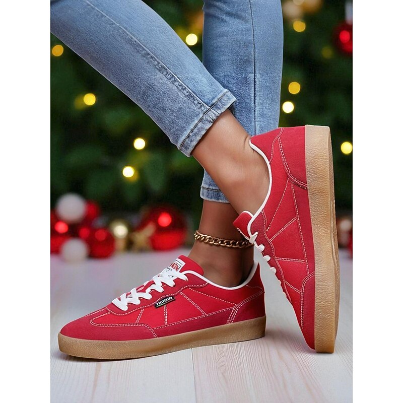 Women's Red Canvas Sneakers – Casual Lace-Up Flat Shoes for Walking, Travel, Christmas and Daily Wear3