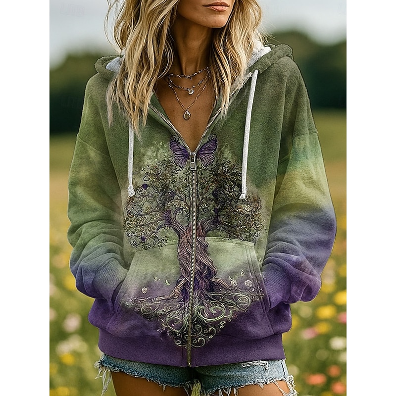 Women's 3D Print Vintage Boho Hoodie Patchwork Hoodie Sweatshirt Floral Zip Up Casual Hooded Street Dailywear Patchwork Zipper Pocket Light Purple Purple Brown Green Spring Fall