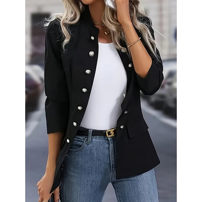Women's Blazer Comfortable Breathable Pocket Buttons Casual Plain Office Street Casual Daily Wear Single Breasted Regular Stand Collar Regular Fit Long Sleeve Outerwear Black White Wine Spring Fall3
