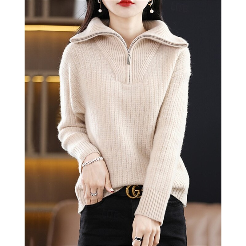 Women's Sweater Pullover Fashion Basic Casual Pure Color Ribbed Half Zip Zipper Knitted Long Sleeve Regular Tops Knit Outdoor Daily Weekend Beige Fall Winter3