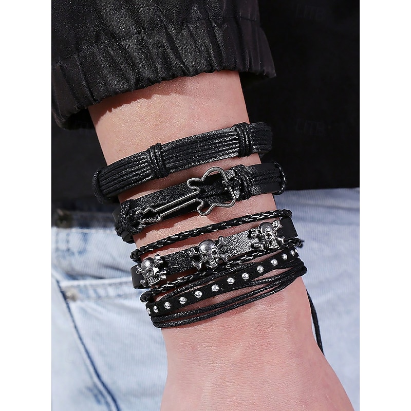 Men's Halloween Skull Leather Wrap Bracelet – Gothic Punk Multi-Layer Wristband with Guitar Charm for Rock Party and Cosplay2