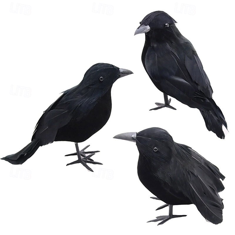3 Pack Halloween Black Feathered Crows, Black Crows with Real Feather Halloween Decoration for Indoor Outdoor