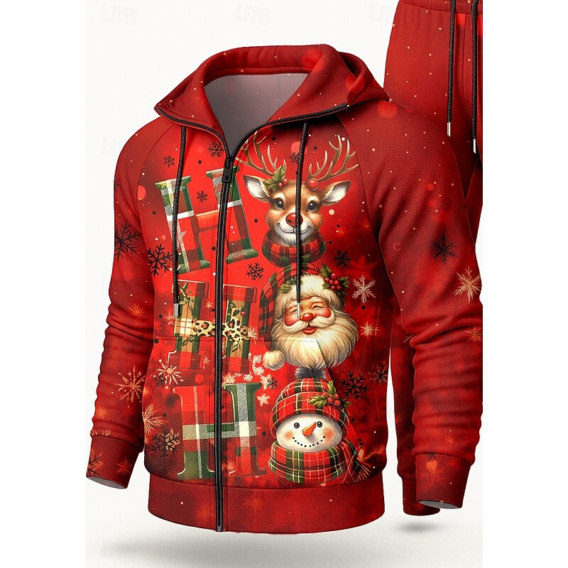 Christmas Men's Hoodie Tracksuit 2 Piece Tracksuit Drawstring Zip Up Letter Clothing Suit Fall Red Vocation Outdoor Travel Lightweight Fashion Long Sleeve Sport Activewear Stretchy Regular Fit3