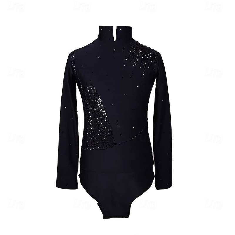 Figure Skating Top Men's Boys' Ice Skating Tops Black Patchwork Spandex High Elasticity Training Professional Competition Skating Wear Classic Crystal / Rhinestone Long Sleeve Ice Skating Figure