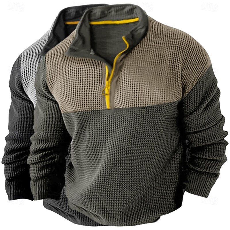 Men's Waffle Shirt T Shirt Zip Half Shirt Tee Top Long Sleeve Quarter Zip Fall Spring &  Fall Color Block Fashion Designer Basic Patchwork 2 Piece Color Block Vacation Street Casual Grey / Blue Light2