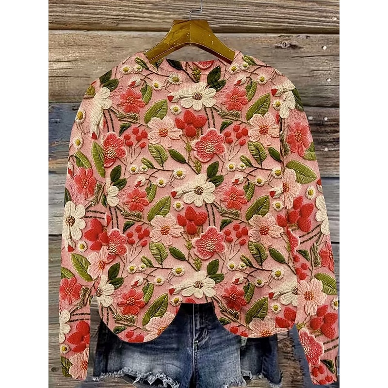 Women's Sweater Elegant Casual Floral Graphic Crew Neck Patchwork Knitted Long Sleeve Regular Tops Knit Work Pink Green Spring Fall