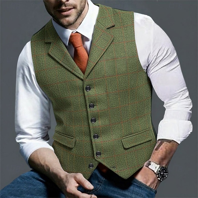 Men's Tweed Vest Waistcoat Formal Wedding Vacation Daily Fashion Classic Spring Fall Pocket Buttons Polyester Tweed Comfortable Plaid Plain Single Breasted V Neck Slim Fit Black Navy Blue Brown Green