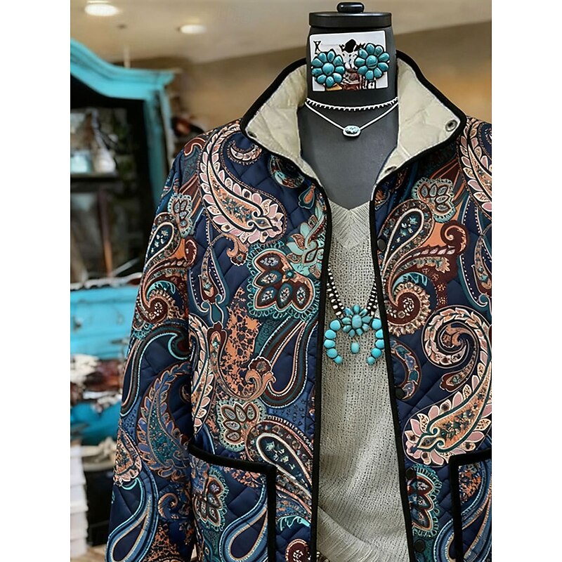 Women's Winter Jacket Quilted Jacket Warm Lightweight Buttons Print Active Vintage Artistic Casual Floral Casual Regular Stand Collar Regular Fit Long Sleeve Outerwear Navy Blue Fall Winter2