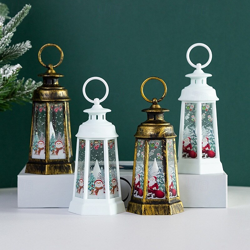 1 Pc 14.8 * 6.5CM Christmas Vintage Handheld Lantern LED Electronic Candle Light Indoor and Outdoor Party Desktop Decoration Pendant Light Snowman Santa AG13 * 3 Batteries2
