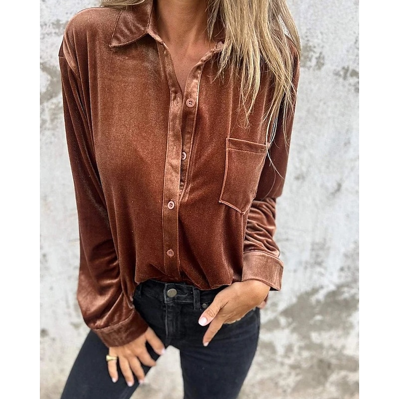 Women's Shirt Blouse Plain Modern Long Sleeve Shirt Collar Regular Tops Holiday Going out Pocket Buttons Wine Army Green Light Brown Purple Summer Spring Fall4
