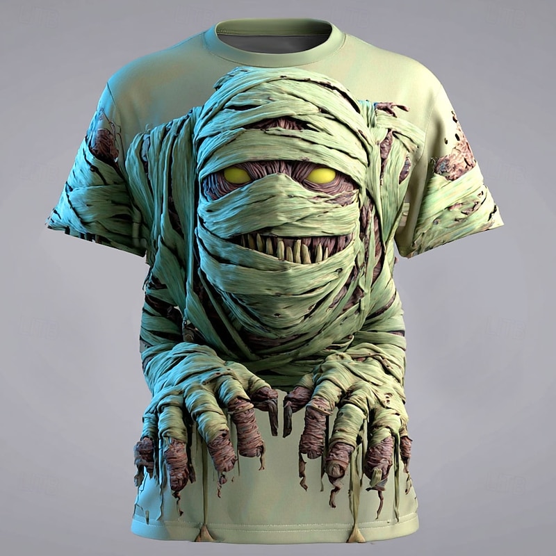 Halloween Men's Optical Illusion Zombies Mummy T Shirt Short Sleeve T shirt 3D Print Crew Neck Shirt Exaggerated Designer Horror Party Street Holiday Pink Blue Green Summer Spring All Seasons