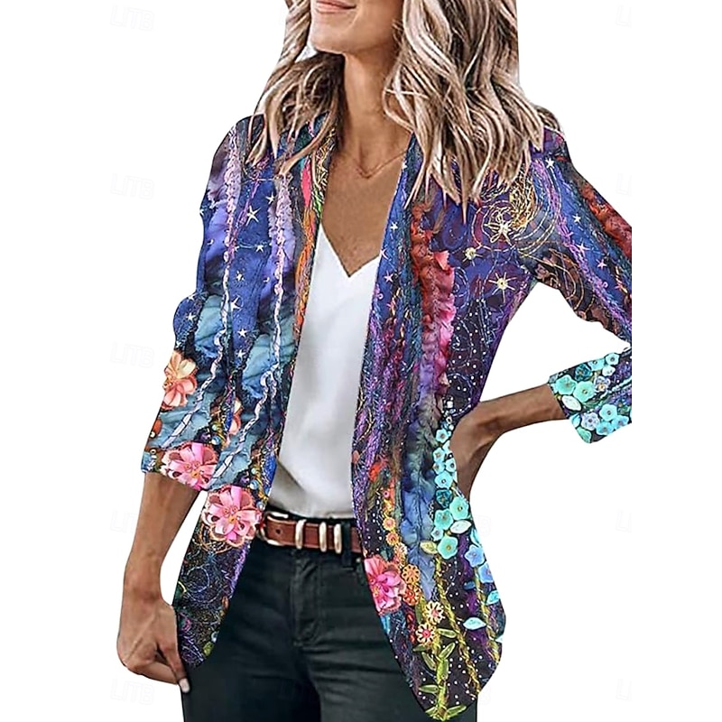 Women's Blazer Comfortable Breathable Pocket Open Front Casual Floral Office Street Casual Daily Wear Single Breasted Long Turndown Regular Fit Long Sleeve Outerwear Light Pink Pink Navy Blue Spring3