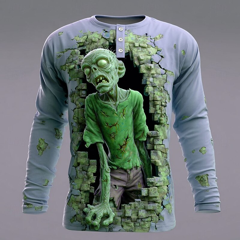 Men's Halloween Zombies Henley Shirt Long Sleeve Fashion Cute Daily Casual Holiday Going out Fall Spring &  Fall Light Green Light Blue Mint Green Khaki Henley Henley T-Shirt4