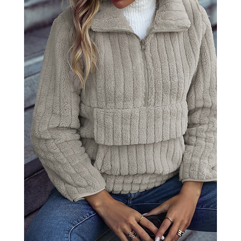 Women's Pullover Sweatshirt Plain Casual Long Sleeve Turtleneck Regular Tops Street Holiday Half Zipper Quarter Zipper Zipper Pocket Khaki Fall Winter2