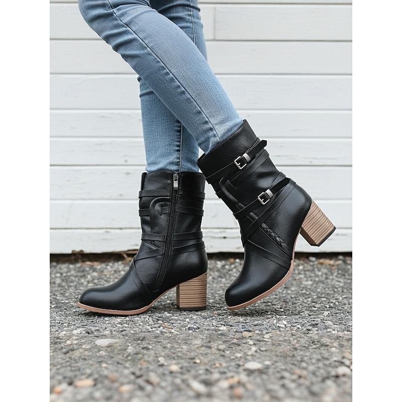 Women's Black Faux Leather Ankle Boots with Zipper and Strap Detailing, Stylish Mid-Heel Boots for Casual and Western Wear
