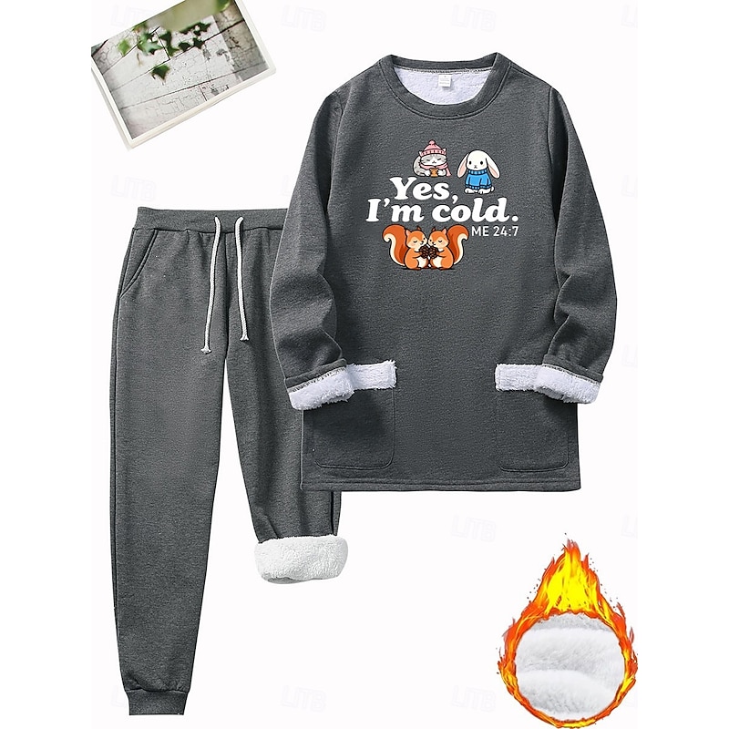 Women's Warm Daily Two Piece Sets Tracksuit Pants Sets Long Sleeve Crew Neck Letter Drawstring Print Casual Daily Black Pink Blue Fall Regular Fit