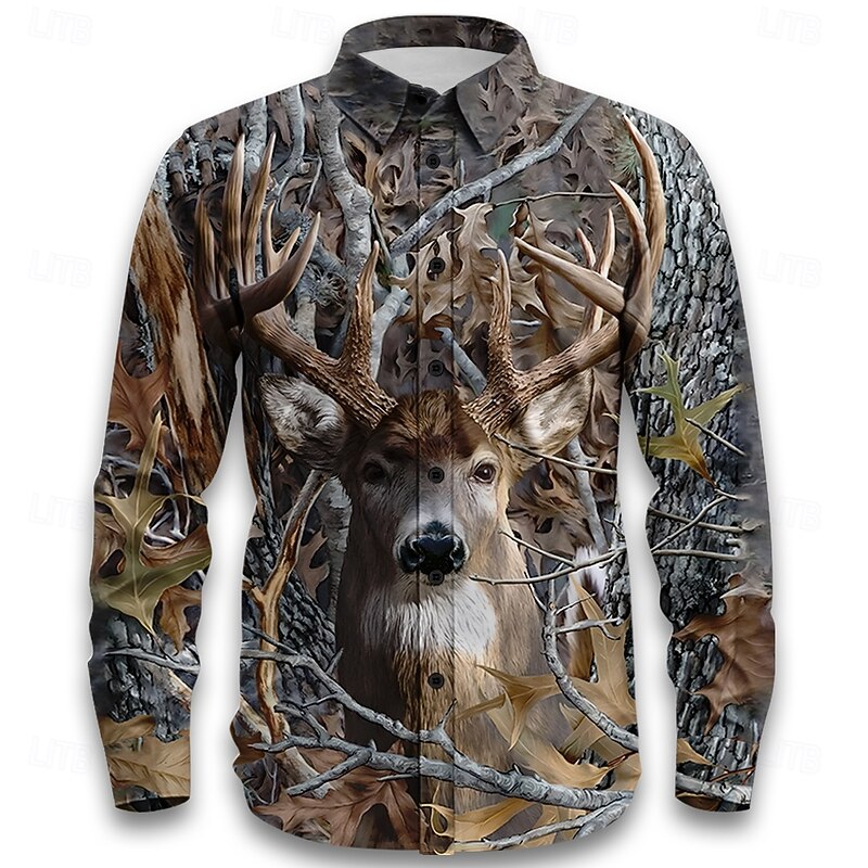 Men's Wolf Reindeer Camo / Camouflage Shirt Button Up Shirt Long Sleeve Ethnic Vintage Retro Outdoor Camping & Hiking Hunting Spring Fall Turndown 3D Print Linen Like Shirt Camouflage Camouflage Gray