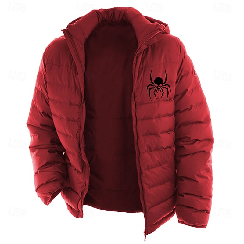 Men's Skull Spider Print Winter Coat Down Jacket Puffer Jacket Thermal Warm Rain Waterproof Lightweight Casual Outdoor Daily Padded Quilted Hooded Jacket Fall Winter Hooded Long Sleeve Black Red