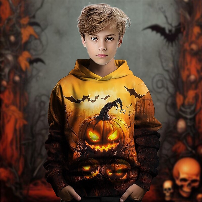 Halloween Boys' 3D Pumpkin Hoodie Long Sleeve Spring Fall Fashion Streetwear Kids 4-12 Years Hooded Outdoor Casual Daily Regular Fit2