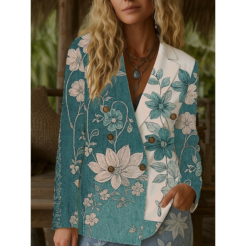 Women's Blazer Warm Comfortable Buttons Vintage Fashion Classic Modern Floral Vacation Home Casual Daily Double Breasted Regular Notch Lapel Regular Fit Long Sleeve Outerwear Blue Purple Green Spring2