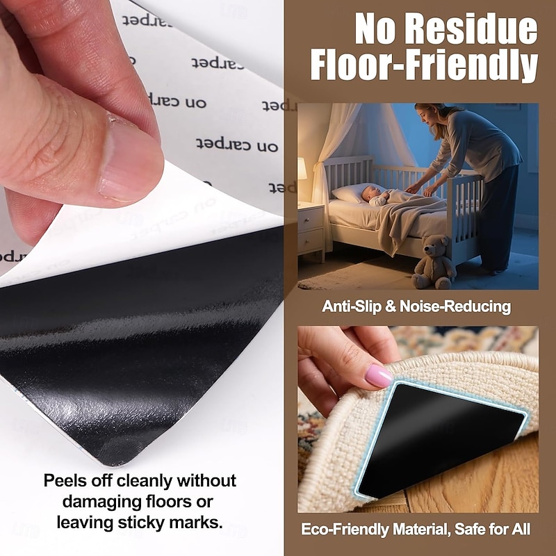 12pcs Premium Rug Grippers & Carpet Tape Square Anti-Slip Pads for Area Rugs, 3.9 Inch, Prevent Curling & Sliding, Ideal for Hardwood, Tile, Marble, and Laminate Floors4