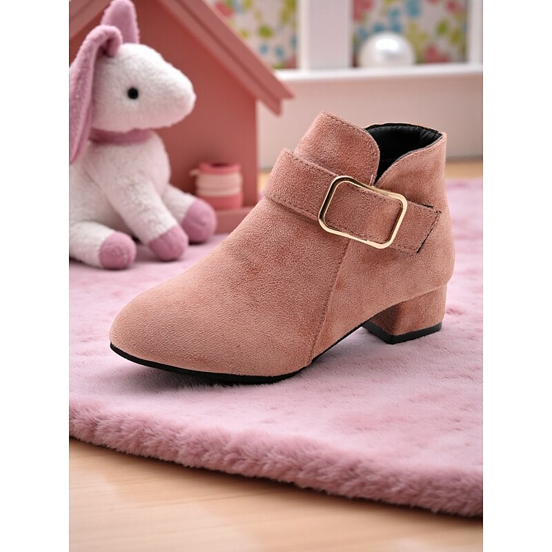 Girl's Red Suede Ankle Boots with Buckle Strap - Stylish Mid Heel Christmas Party Shoes for Kids Holiday Outfits3