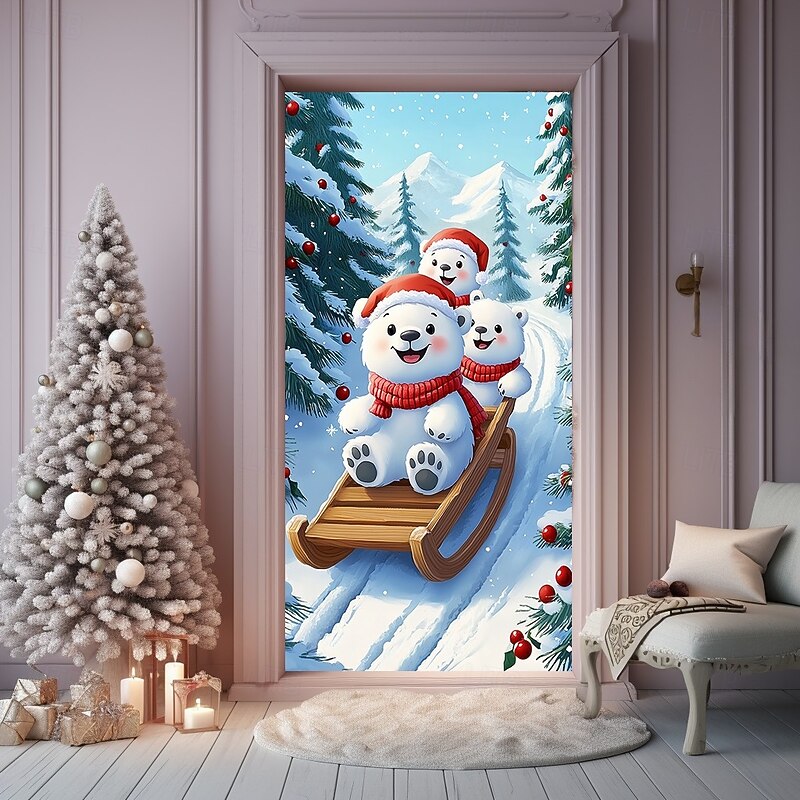 Christmas Door Cover Holiday Curtain Decoration Winter Theme Drapes Featuring Christmas Tree Polar Bear And Santa Hat Large Fabric Panel Festive Home Decor For Living Room Bedroom Entryway2