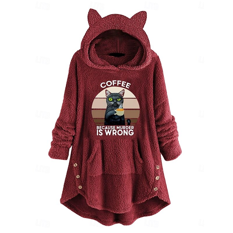 Women's Pullover Hoodie Sweatshirt Cat Letter Casual Long Sleeve Hooded Crop Tops Street Dailywear Casual Pocket Print Pink Wine Gray Fall Winter2