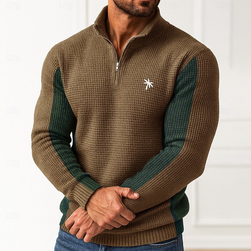 Men's Tropical Flowers Palm Tree Pullover Sweater Jumper Zip Sweater Polo Sweater Zip Collar Casual School Vacation Daily Embroidered Zipper Knitting Long Sleeve Spring Fall Winter Sky Blue Brown3