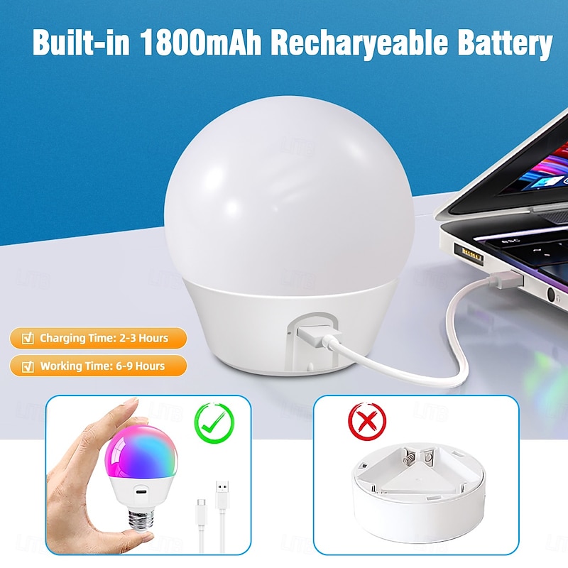 Rechargeable Light Bulbs with Remote Control, RGBCW 1800mAh Battery Operated Light Bulb, Detachable LED Light Bulbs for Wall Sconces, Emergency3