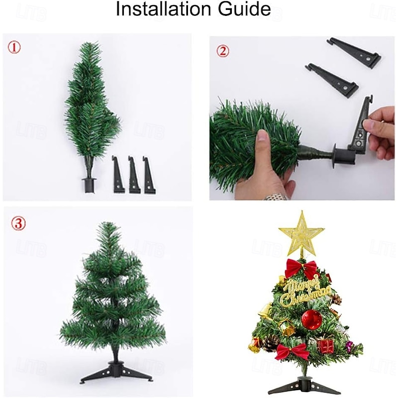 Tabletop Christmas Tree with Lights, 30/45cm Mini Artificial Christmas Tree with LED String Lights and Ornaments3