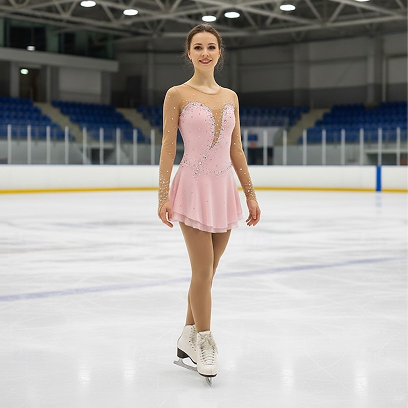 Figure Skating Dress Women's Girls' Ice Skating Dress Black Yellow Pink Mesh Spandex High Elasticity Training Competition Skating Wear Crystal / Rhinestone Long Sleeve Ice Skating Figure Skating