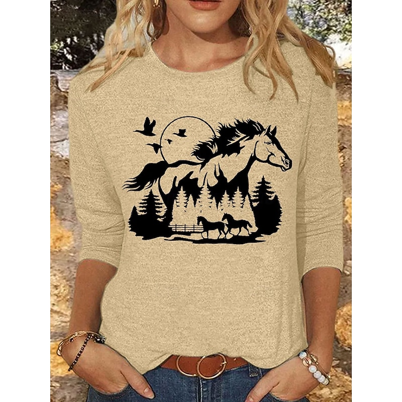 Women's T Shirt Graphic Animal Horse Vintage Stylish Classic Long Sleeve Crew Neck Round Neck Regular Tops Daily Print Pink Blue Khaki Gray Spring Fall Winter3