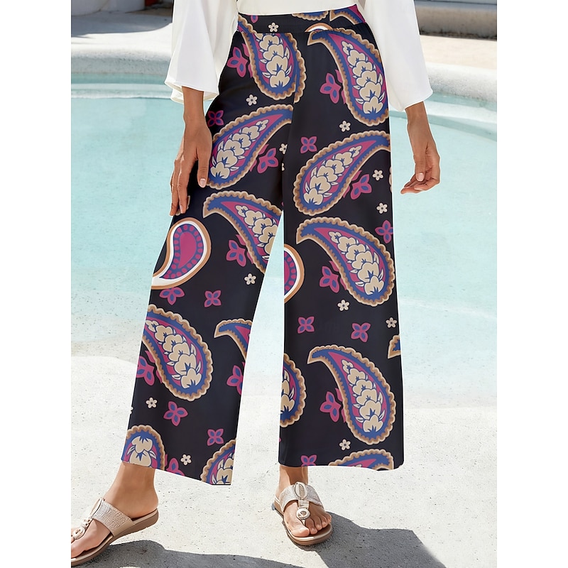 Women's Pants Smooth Satin Purple Paisley Print Elastic Waist Pleated Loose Straight Wide Leg - Main Image