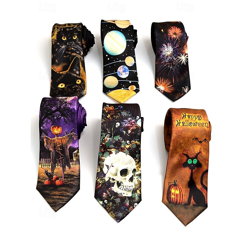 Men's Halloween Novelty Necktie with Skull, Pumpkin and Cat Prints – Fun Party Costume Dress Tie for Festivals and Cosplay4