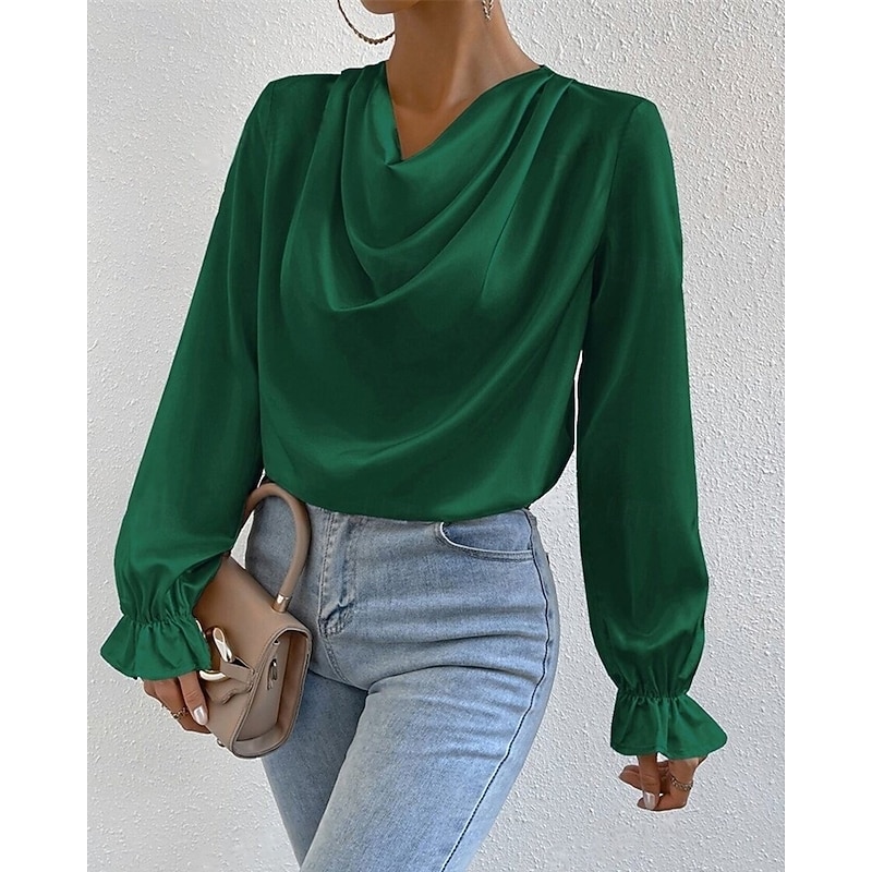Women's Shirt Elegant Dressy Satin Plain Stylish Casual Long Sleeve Cowl Neck Regular Tops Daily Going out Draped Black Pink Green Apricot Spring Fall2
