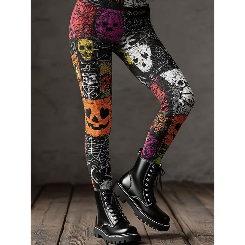 Women's Leggings Vacation Vintage Ethnic Style Full Length High WaistPantsHalloween Graphic Skull Drawstring Patchwork 3D Print Quick Dry Breathability Soft Stretchy Formal Outdoor Vacation Orange