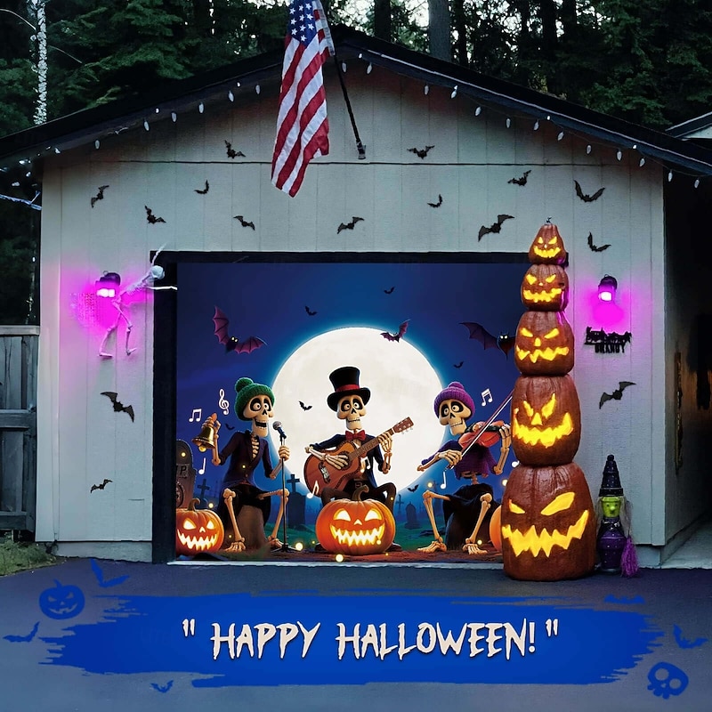 Halloween Outdoor Garage Door Cover Spooky Black White Haunted Banner Dark Ghost Girl Bloody Doll Pumpkin Large Tapestry Backdrop Decoration for Holiday Home Wall Outdoor Decor3