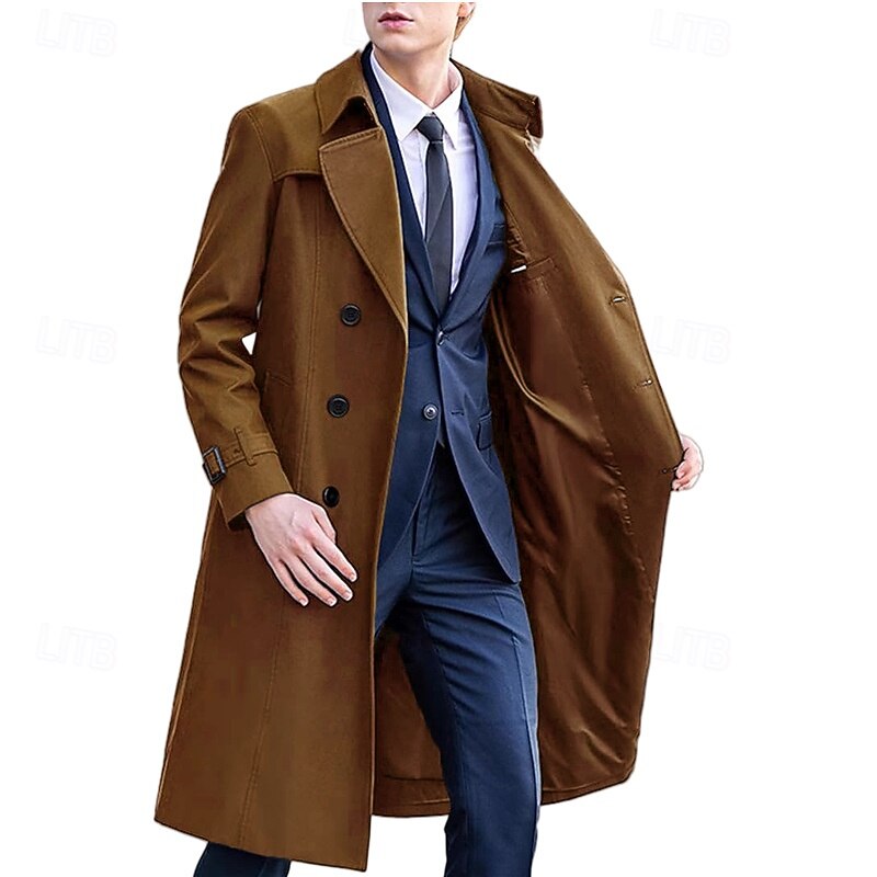 Men Overcoat Peacoat Long Trench Coat Trench Coat Formal Casual Fall Winter Polyester Outerwear Clothing Apparel Classic Plain3