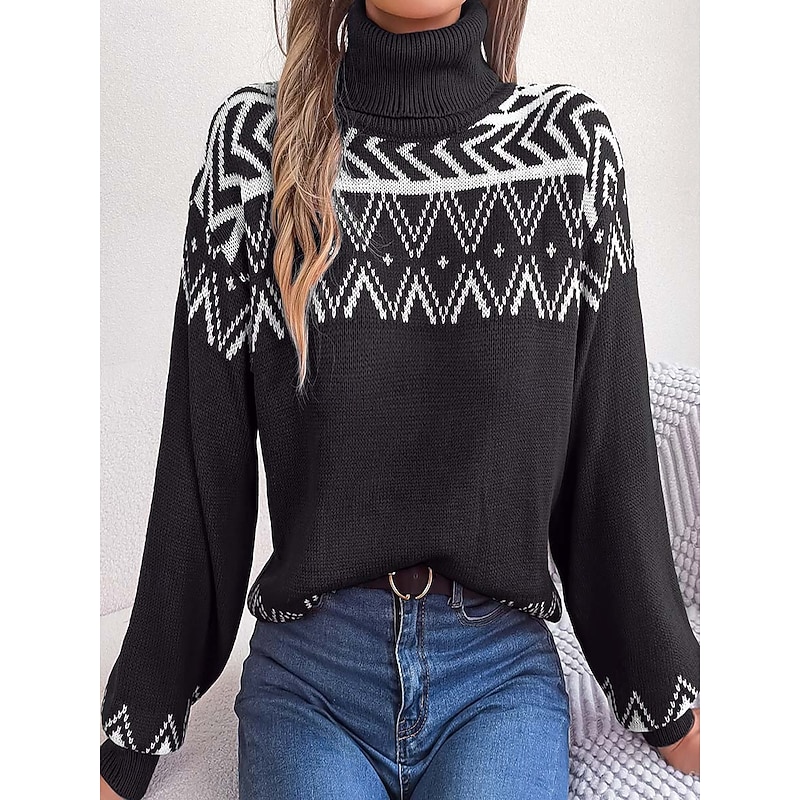 Women's Fair Isle Sweater Pullover Elegant Vintage Streetwear Geometric Ribbed Turtleneck Floral Long Sleeve Regular Tops Knit School Outdoor Home Black Red Spring Fall3