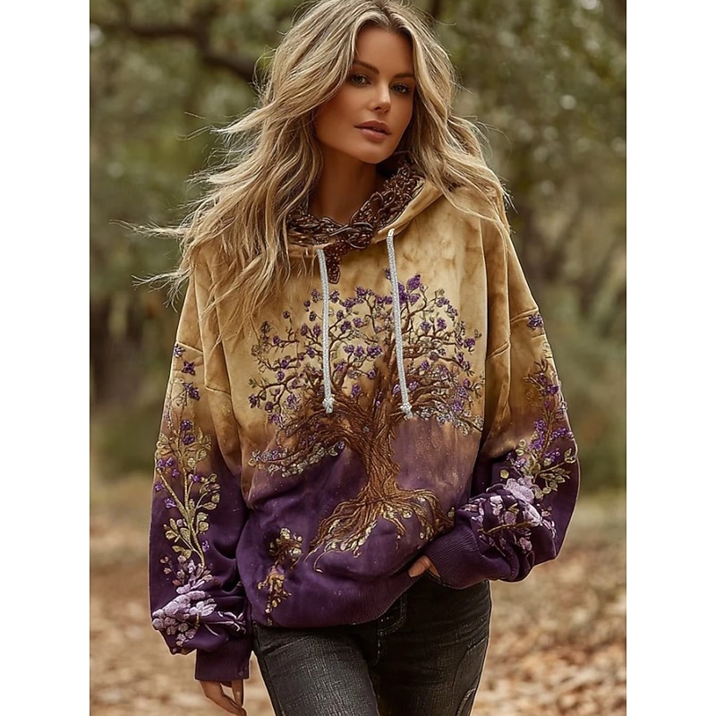 Women's Pullover Hoodie Sweatshirt Floral Graphic Elegant Warm Vintage Long Sleeve Hooded Regular Tops Street Dailywear Casual Patchwork Print Yellow Spring Fall Winter