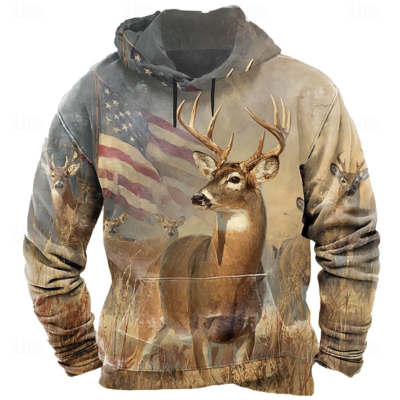Men's American US Flag Deer Hoodie Sweatshirt Fashion Classic Crew Neck Outdoor Hunting Blue Brown Drawstring Fall Winter Designer