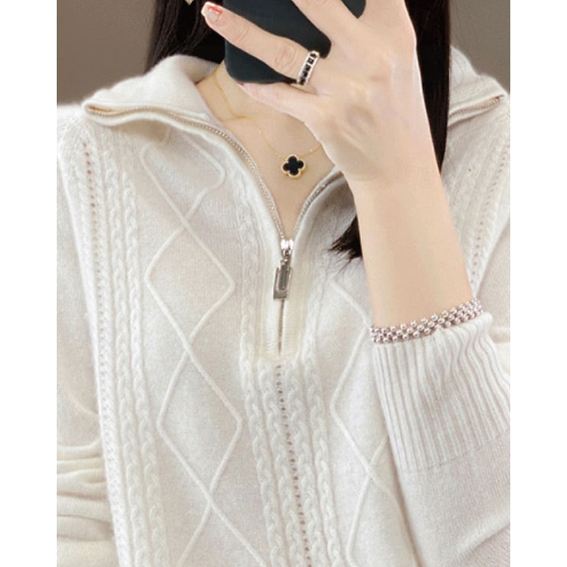 Women's Sweater Pullover Fashion Casual Pure Color Ribbed Half Zip Zipper Knitted Long Sleeve Regular Tops Knit Outdoor Daily Weekend White Fall Winter3