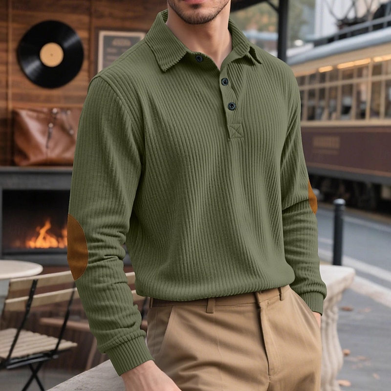 Men's Corduroy Shirt Polo Shirts Casual Sports Lapel Long Sleeve Fashion Basic Color Block Patchwork Buttons Spring Fall Fall & Winter Regular Fit Black Dark Blue Green Khaki Gray Corduroy Shirt
