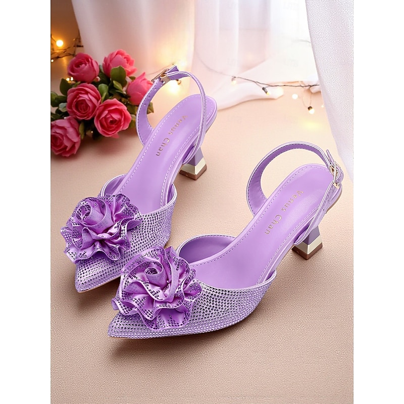 Women's Purple Rhinestone Slingback Heels with Floral Decoration - Elegant Pointed Toe Pumps for Formal Events and Cocktail Parties3