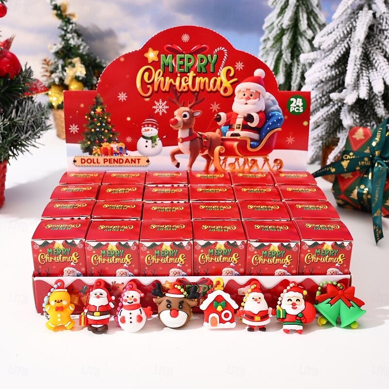 24 Pieces Christmas Blind Box Keychain Set Holiday Character Collection Festive PVC Decorations with Santa, Reindeer, Candy Canes & Gifts Perfect for Holiday Parties, Weddings, and Gifts2