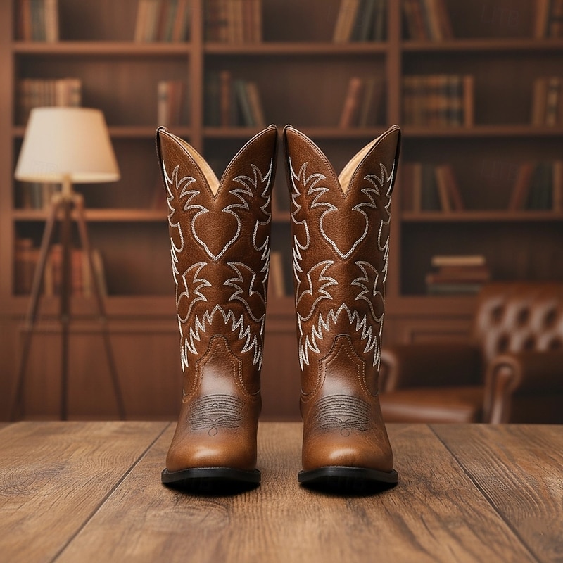 Men's Vintage Brown and Black Faux Leather Western Cowboy Boots with Intricate Embroidery - Durable and Stylish for Rodeo and Everyday Wear2