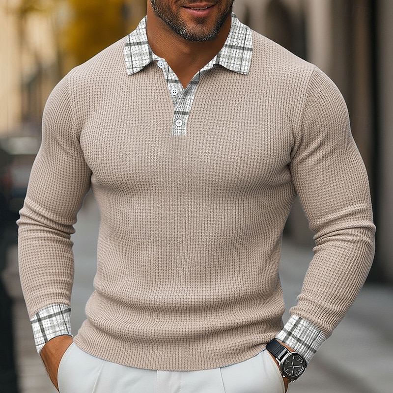 Men's Tarten Waffle Polo Shirts Long Sleeve Polo Shirts Collared Shirts Business Casual Business Wear to work Daily Wear 3D Print Buttons Spring Fall Winter Yellow Blue Brown2