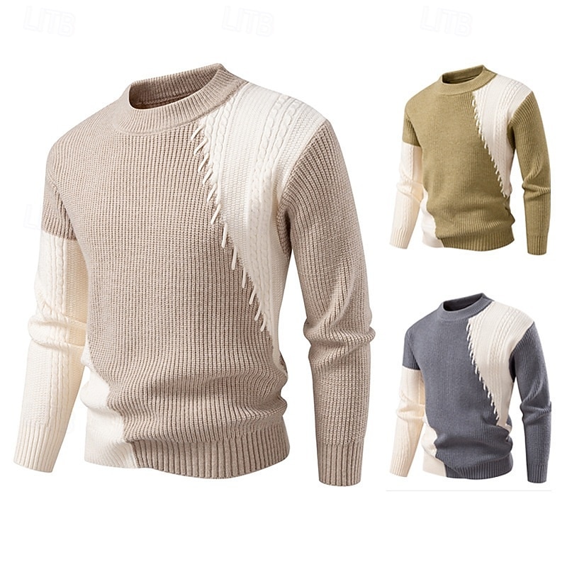 Men's Sweater Pullover Sweater Jumper Ribbed Knit Regular Tops Patchwork Knitted Color Block Crew Neck Knitwear Contemporary Casual Daily Wear Clothing Apparel Fall Yellow Apricot M L XL