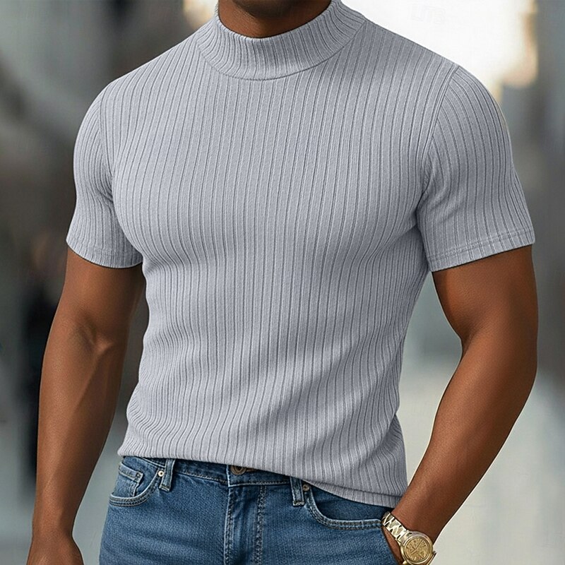 Men's T Shirt Muscle Shirt Ribbed Knit tee Tee Top Short Sleeves Turtleneck Summer Plain Pit Strip Fashion Designer Basic Slim Fit Vacation Street Going out Black White Light Gray Top Tee for Men2